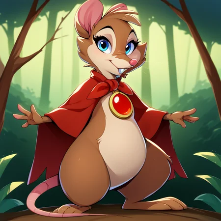 best quality, score_9, score_8_up, score_7_up, score_6_up, score_5_up, forest, source_furry, BREAK, <lora:Mrs_Brisby_the_Secret_of_NIMH_Pony:1>, 1girl, mrsbrisby_tsonimh, mouse girl, semi-anthro, furry, brown fur, wearing red cape, wearing red pendant, mostly nude, standing, closed mouth, looking at viewer, smile, buck teeth, featureless crotch, featureless chest