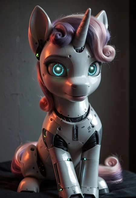 soft, detailed light, solo, sweetie bot, unicorn sweetie belle lies, robot pony, (cybernetic eyes), dark room in a robot charging station,, <lora:CyberpunkMJXL:1>, score_9, score_8_up, score_7_up,
[photorealistic|cellshading|2d], (beautiful:1), high res, highly detailed, detailed, hyper detailed, raw photo