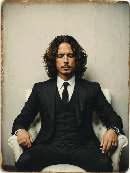 Faded Polaroid Photo of   picture of Chris Cornell wearing a black suit, sitting in a white chair, (eyes closed:1.3), , analog, old faded photo, old polaroid photo from the 1940s, grainy, taken in the early 1940s, grainy, taken on a 1950s Kodak Camera, realistic, hyperrealistic, very realistic, highly detailed, very detailed, extremely detailed, detailed, digital art, trending on artstation, colorized <lora:Misty_Vintage:0.5> <lora:xl_more_art-full_v1:0.5>