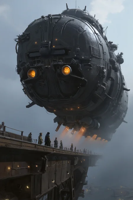 A dramatic, futuristic digital painting depicts a vast, dark-colored spacecraft hovering in the sky above an industrial platform. The enormous vessel dominates the scene, featuring a thick cylindrical body with multiple decks and intricate panel lines characteristic of advanced technological design. Its surface is heavily textured with various structural elements, including two prominent circular engine casings emitting bright amber yellow light at their front. The craft's metallic exterior is adorned with numerous small glowing lights, creating a stark contrast against its predominantly dark color. Beneath the craft, warm orange lights emanate from its base, illuminating the foggy environment below and suggesting potential landing gear or thrusters. The platform extends diagonally from the bottom left to the center right of the image, appearing worn and aged with scattered lights embedded in its surface. Several human-like figures dressed in long, dark robes stand on this elevated walkway, observing the massive flying ship.,concept_art