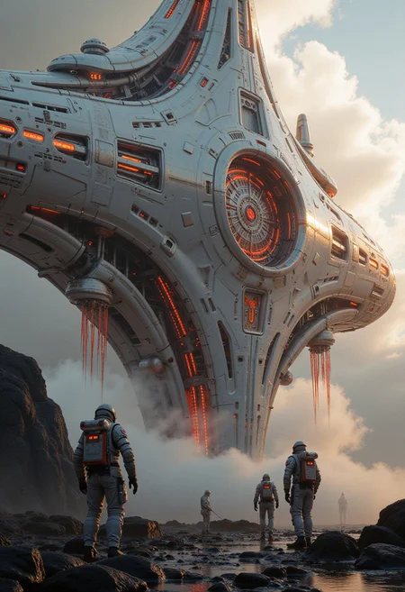 concept art, futuristic, a_skynet_cyberdyne_systems_craft, the image is featuring a fractal shaped Artemis Station spaceport megastructure of a Colossal scale in background, white ceramic and gleaming silver metallic surfaces glistening with condensation from the mist, red glowing diodes and lights, large depth of field, sunset, silhouetted, directional lighting, with scientists in spacesuits surrounding it