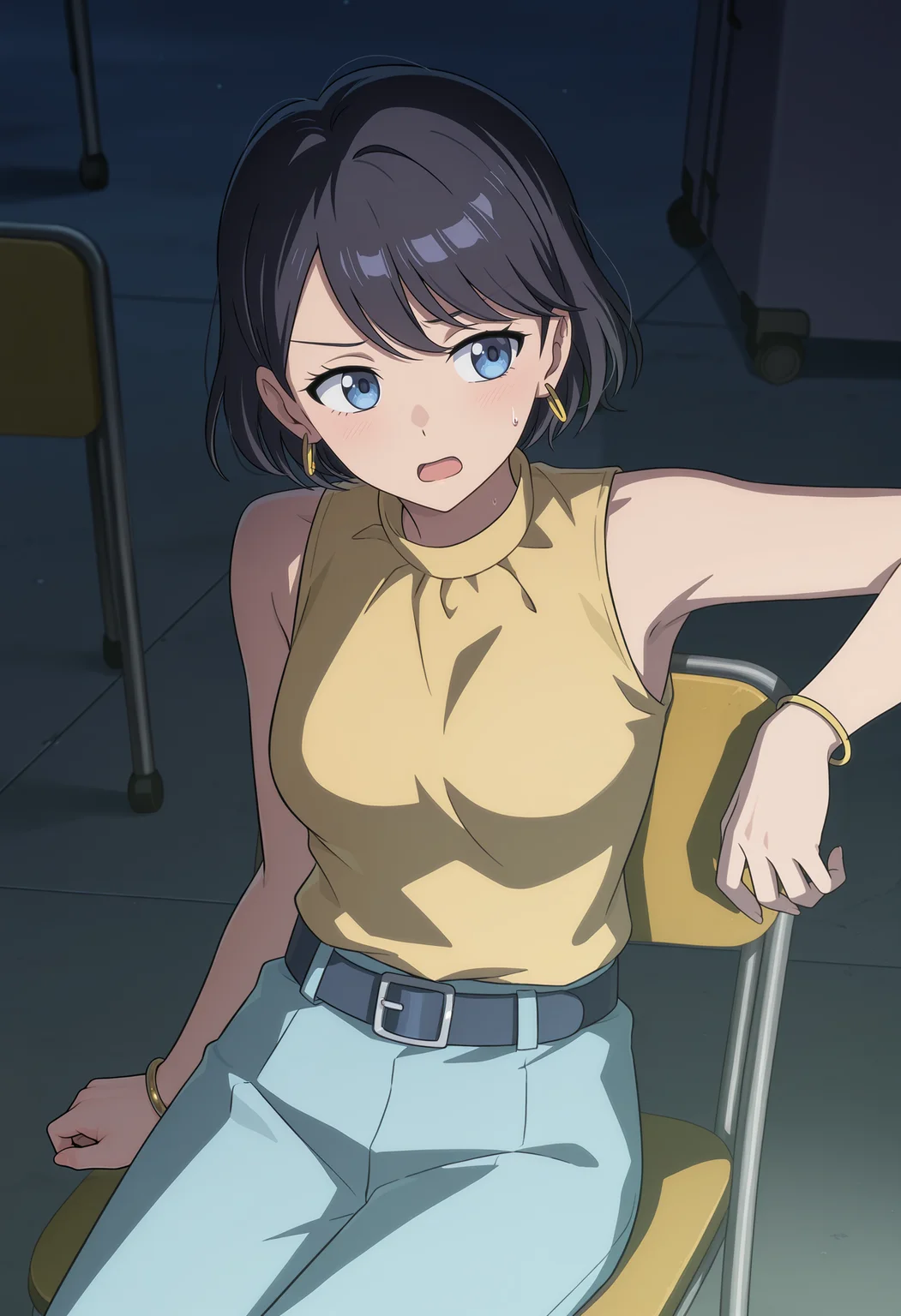 <lora:Maki-000098:1>,
Maki,blue eyes,black hair,
jewelry,yellow shirt,earrings,belt,pants,bracelet,sleeveless,
open mouth,solo,sitting,chair,breasts,sweatdrop,shirt,night