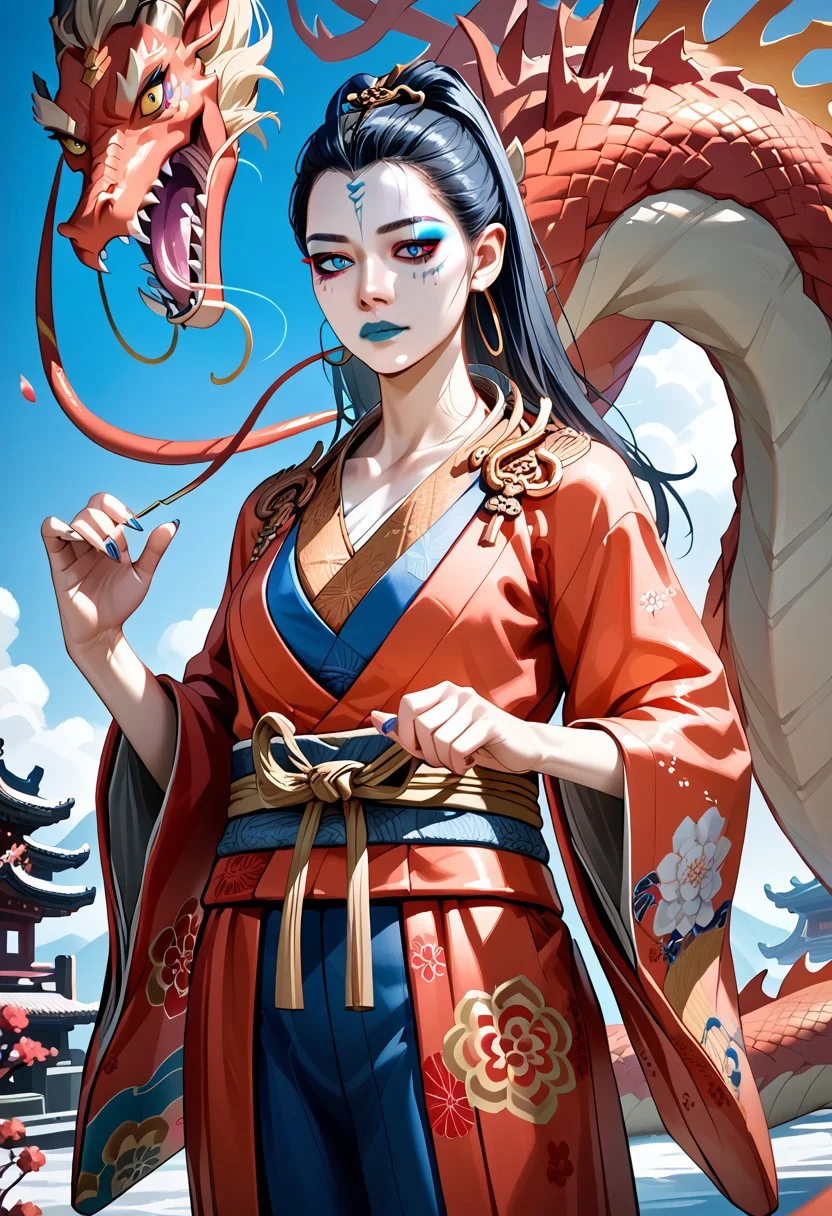 score_9,score_8_up,score_7_up,source_anime, Kang-Jin Star,1girl,solo,jewelry,half body,japanese clothes,barefoot,wide sleeves,kimono,sash,makeup,dragon,eastern dragon,