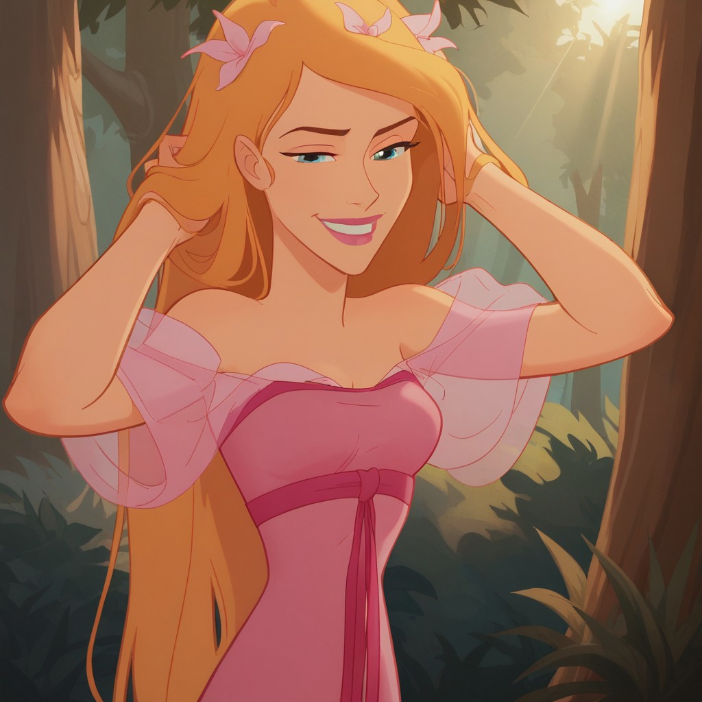 score_9, score_8_up, score_7, BREAK, solo, giselle_enchanted, long hair, blonde hair, blue eyes, pink dress, smirk, hands in hair, forest, sunlight, shadows, natural lighting