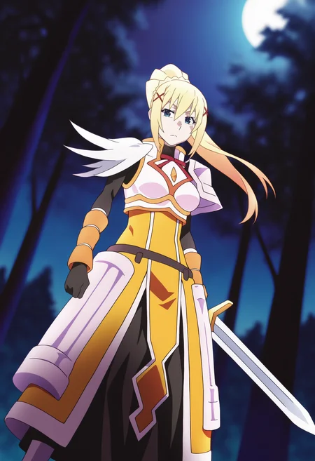 (watanabe akio:0.6), monogatari \(series\), promotional art, highres, absurdres, newest, masterpiece, best quality
BREAK
1girl, darkness \(konosuba\), blonde hair, braid, ponytail, long hair, blue eyes, hair between eyes, x hair ornament,
armor, armored dress, bodysuit, gloves, shoulder armor, boots,
full body, holding weapon, sword, outdoors, forest, night, moonlight <lora:DarknessKonosubaIllustriousXL_byKonan:1>