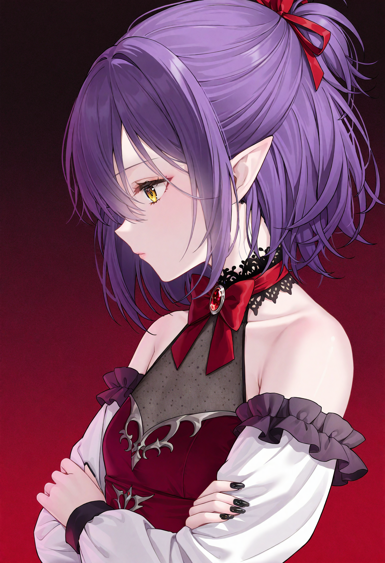 1girl, solo, bare shoulders, pointy ears, dress, long sleeves, red background, gradient background, upper body, ribbon, profile, nail polish, brooch, crossed arms, black nails, from side, detached sleeves, closed mouth, small breasts, breasts, red dress, sleeveless dress, hair between eyes, purple hair, hair ribbon, hair ornament, sleeveless, yellow eyes, short hair, collarbone, jewelry, frills, red ribbon, bow,
masterpiece,best quality,newest,absurdres,highres,very awa,<lora:haneru1_noob1.1-000195:0.8>,