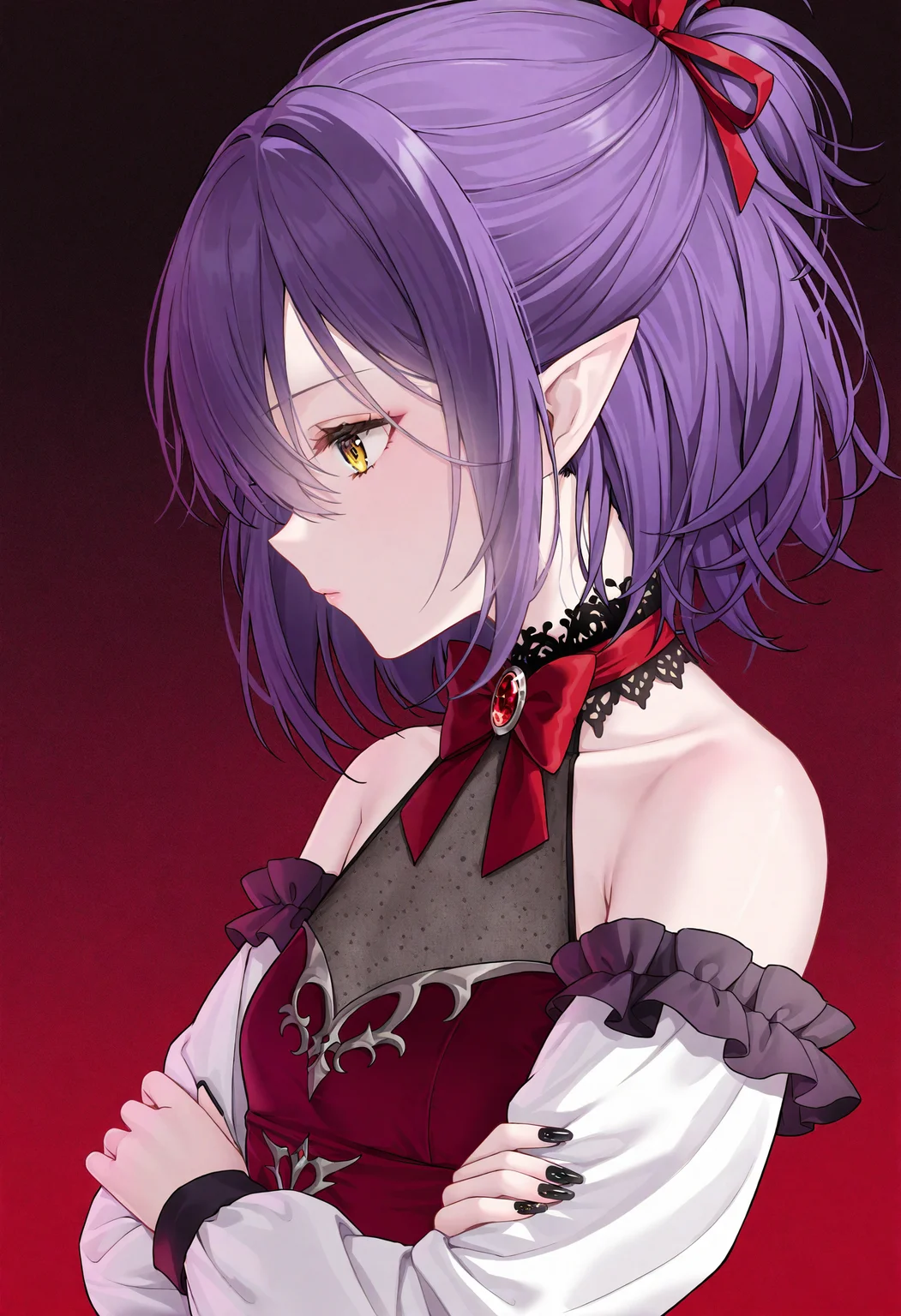 1girl, solo, bare shoulders, pointy ears, dress, long sleeves, red background, gradient background, upper body, ribbon, profile, nail polish, brooch, crossed arms, black nails, from side, detached sleeves, closed mouth, small breasts, breasts, red dress, sleeveless dress, hair between eyes, purple hair, hair ribbon, hair ornament, sleeveless, yellow eyes, short hair, collarbone, jewelry, frills, red ribbon, bow,
masterpiece,best quality,newest,absurdres,highres,very awa,<lora:haneru1_noob1.1-000195:0.8>,