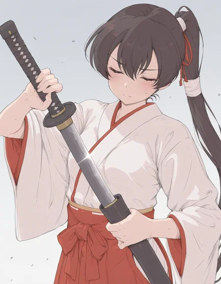 <lora:mdf-illustrious-000020:0.75> m33k0, small breasts, white kimono, red hakama, thighhighs,
1girl, solo, unsheathing, sword, closed eyes, upper body