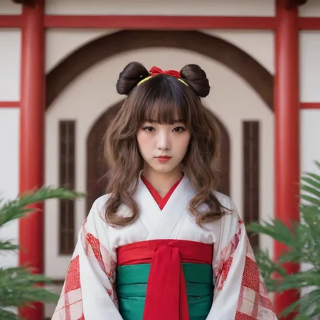 phone photo of 1girl bell bow brown_eyes brown_hair checkered_clothes checkered_kimono green_hakama hair_bell hair_bow hair_ornament hakama japanese_clothes kimono looking_at_viewer red_bow red_kimono solo two-tone_kimono white_background yellow_bow.uploaded on snapchat