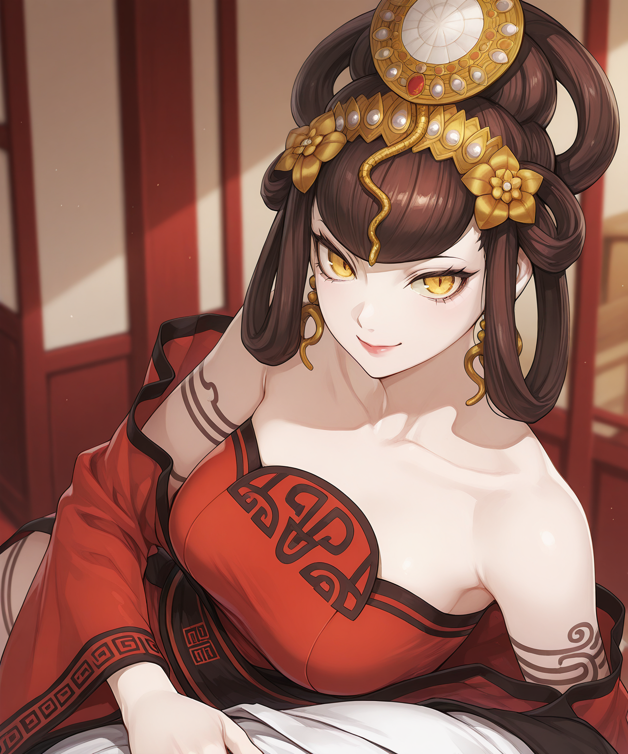 1girl, NWHairstyle, NWOutfit,
general, solo, pov dating, upper body,
pale skin, brown hair, hair rings, blunt bangs, lipstick, large breasts, yellow sclera,
chinese clothes,
headdress, gold earrings, red dress, strapless, wide sleeves, 
arm tattoo, sash, 
looking at viewer, smile,
on side,
china,
depth of field,
<lora:kp_NuwaShinMegamiTenseiIllustrious_v1_0:1.0>,
masterpiece, best quality, amazing quality