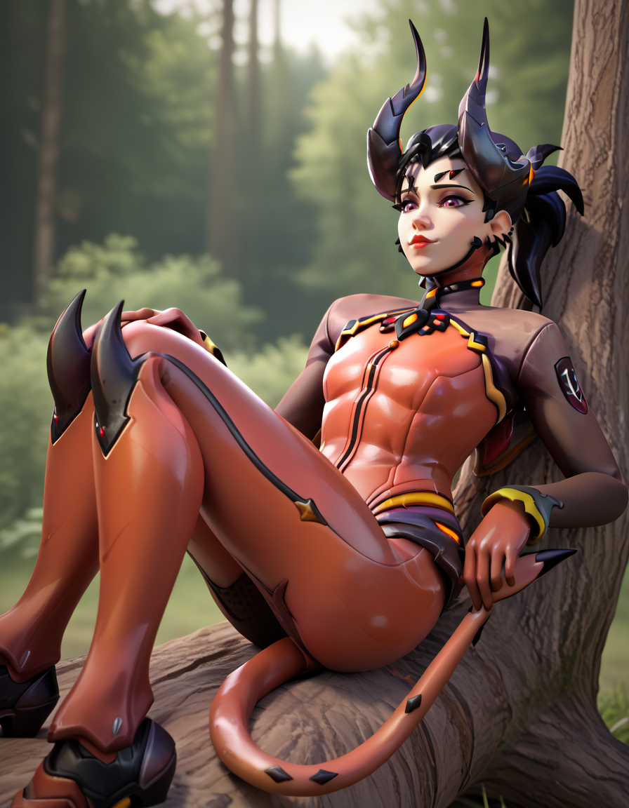 score_9, score_8_up, score_7_up, Masterpiece, high-res, 2k, best quality, 3d, 1girl, mercy (overwatch), devil mercy , black hair , red bodysuit, tail  <lora:Devil_imp_mercy_pony-000040:1> Reclining on a tree trunk or rock