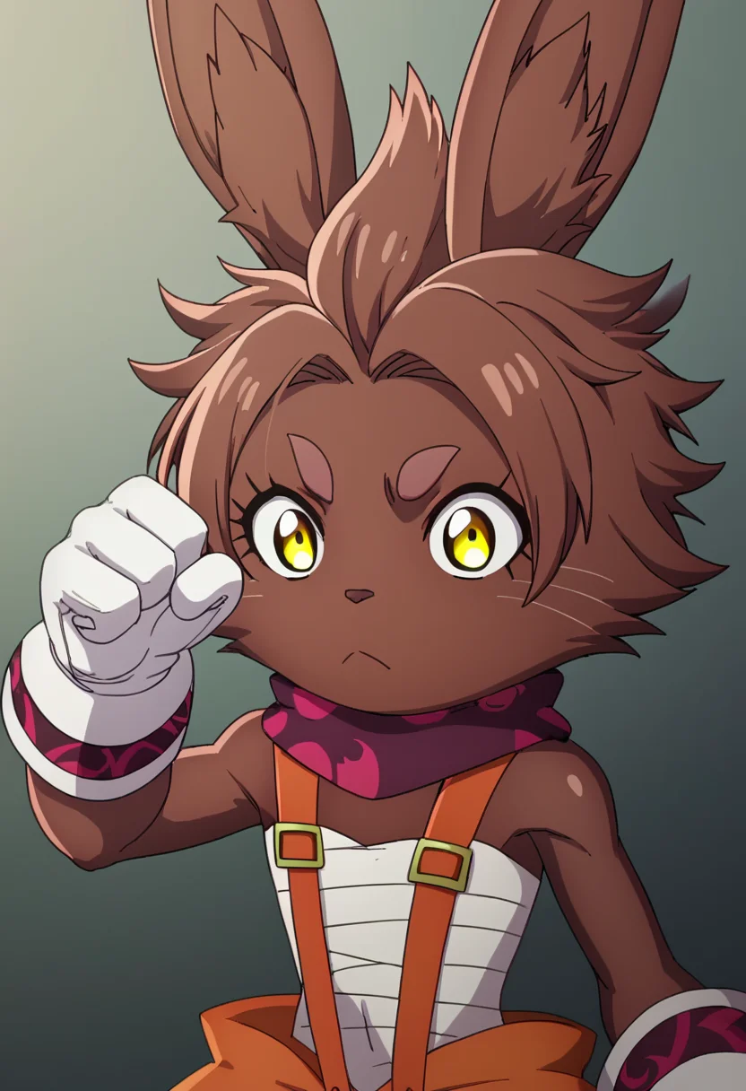 score_9, <lora:Bilac:1> bilac, 1girl, bilac, closed mouth, dark skin, furry female, gloves, rabbit ears, short hair, solo, white gloves, yellow eyes