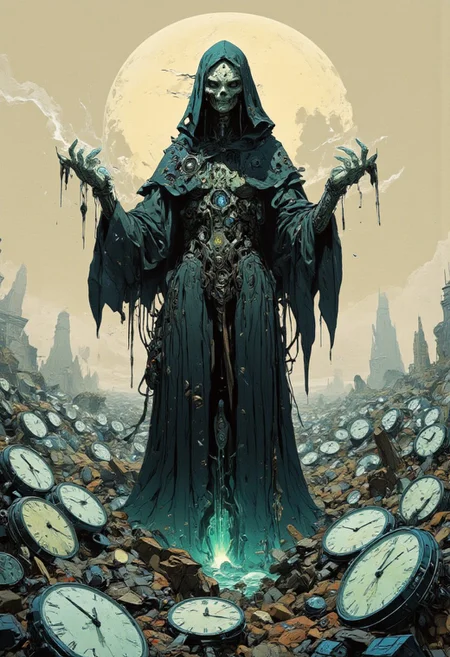 (in Otomo Katsuhiro style:1.2), masterpiece, high-quality, The Grim Reaper standing in a field of broken clocks, each clock frozen at a different time, her hands stretch out and appear to blend with the hour and minute hands becoming part of the clocks themselves, Style is Surreal photorealism with intricate clock textures, muted tones, stillness, and timeless atmosphere, (elaborate fine details:1.1), (hyperdetailed:1.1), (intricate details:1.0), (Refined details:1.1), (best quality:1.1), (high resolution:1.2)   <lora:FLUX\artilands:0.6> <lora:FLUX\Anime v1.3:0.6> <lora:FLUX\CPA:0.5>