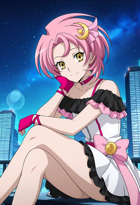 masterpiece,best quality,amazing quality,
solo,
Luna Yumizuki (Cardfight Vanguard), short hair, pink hair, yellow eyes,
frilled dress, black frill, dress, hair ornament, crescent hair ornament, choker, bare shoulders, fingerless gloves, pink bow on back,
looking at viewer, smile, cheeks leaning on arm,
cinematic, crossing legs,
Outdoors, night, On top skyscraper, sci-fi city, (galaxy sky:1.2),
Lens flare, bloom, detailed shadow,
Official style, anime screencap, anime coloring,
