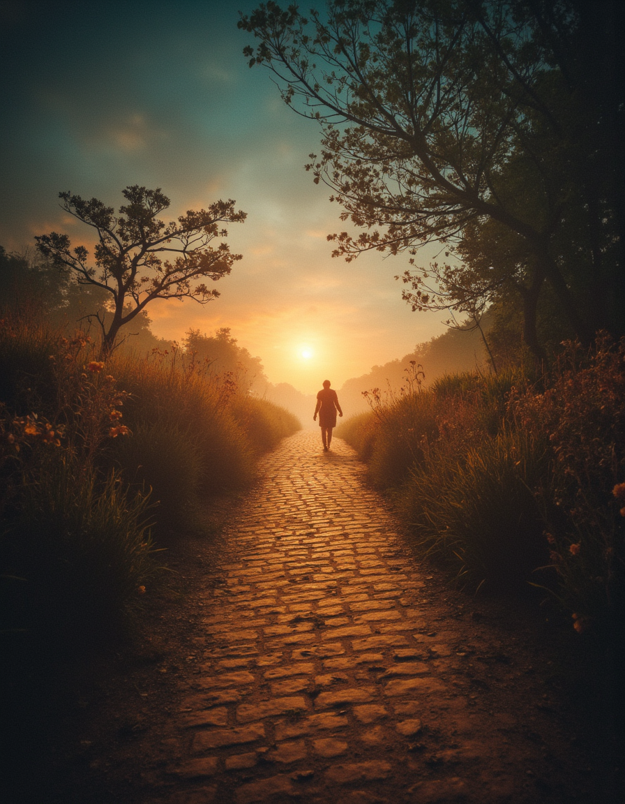Mysticism. The concept. Surrealism. An allegory. 

You lead, roads
To a land where the sky is not strict,
Where the sky is not strict,
Maybe they've been waiting for us for a long time.

To say goodbye to vanity
And with distant birds,
And with distant birds,
Let's sing together.

It may be that you are not you either,
Maybe I'm not me either.,
So we walk around like drunk
On empty roads.

Isn't it strange, isn't it strange
Suddenly see the glow,
Suddenly see the glow
Unearthly purity.

spectacular lighting, unimaginable quality, 8K, UHD, 

 (Depth of field), Fujica GW690 camera, medium 20 mm film.
