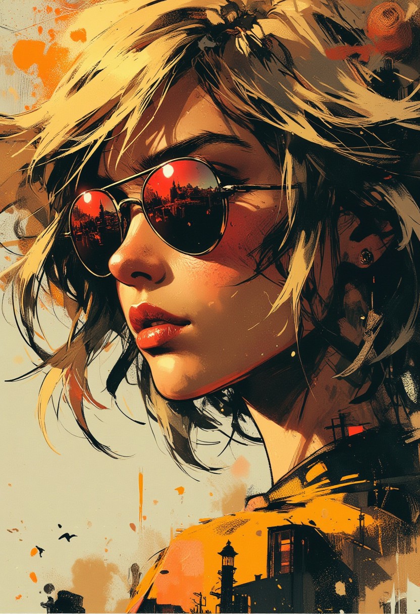 in the style of ck-mgs, nistyle, Special Ink-drawing mode, intricate linework with expressive contrasts, Mh1$AgThS2, Inkplash art on rice paper, sepia, henna , Silhouette Art, magnificent, inksplash closeup portrait of stunning japanese woman, blonde hair, mirrorred aviator sunglasses reflecting a seaside town