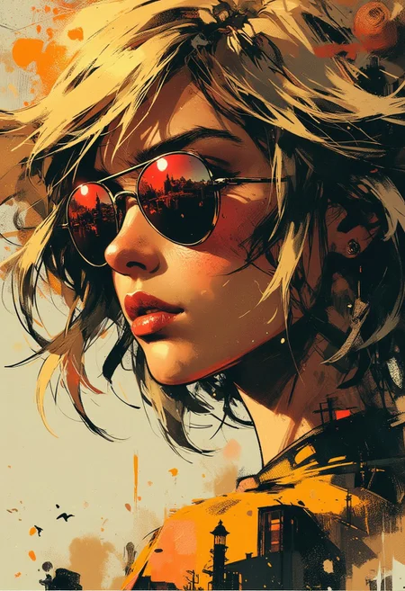 in the style of ck-mgs, nistyle, Special Ink-drawing mode, intricate linework with expressive contrasts, Mh1$AgThS2, Inkplash art on rice paper, sepia, henna , Silhouette Art, magnificent, inksplash closeup portrait of stunning japanese woman, blonde hair, mirrorred aviator sunglasses reflecting a seaside town