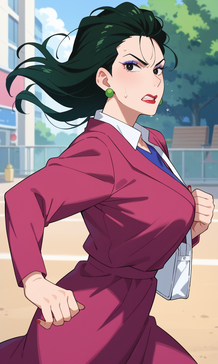 (1girl:1.5), (solo:1.3), (score_9, score_8_up, score_7_up, score_6_up, score_5_up, score_4_up), (source_anime), rating_questionable, (urima-kuriyo), (black eyes, eyelashes, eyeshadow, dark green hair, long hair, hair slicked back, earrings, red lips, lipstick, makeup, red nail polish), (purple dress, collared dress, white collar, blue inner t-shirt, long sleeves), (large breasts), <lora:urima-kuriyo_v1:0.8> 
white shoulder bag, outdoors,   
(cowboy shot:1.5)
Residential,
(running:1.5), 
 angry, clenched teeth,  
(from side:1.3), (sweat:1.3), (looking back:1.3)