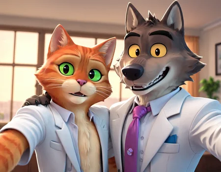 <lora:DreamWorks_Furry_Mix:0.6>, score_9, score_8_up, score_7_up, score_6_up, duo, male with male, selfie, looking at viewer, BREAK
source_furry, PussInBoots, 1boy, orange cat, cat ears, cat nose, BREAK
MrWolf, white suit