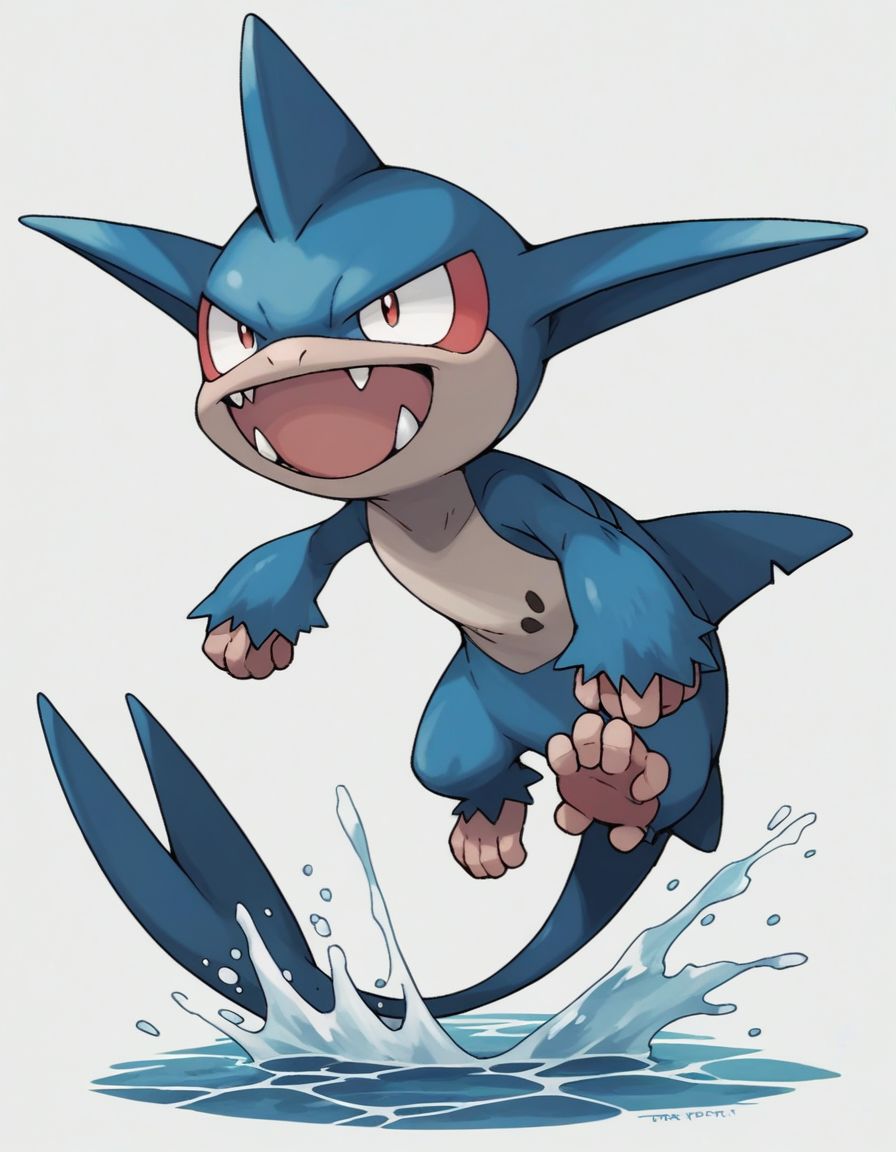 score_9,score_8_up,score_7_up,  <lora:Navi_PokeDnaGen1_PonyXL_S1-000007:0.8> ,  nv-pokegen1, water-type, monkey,  white and blue, shark tail,  fangs,