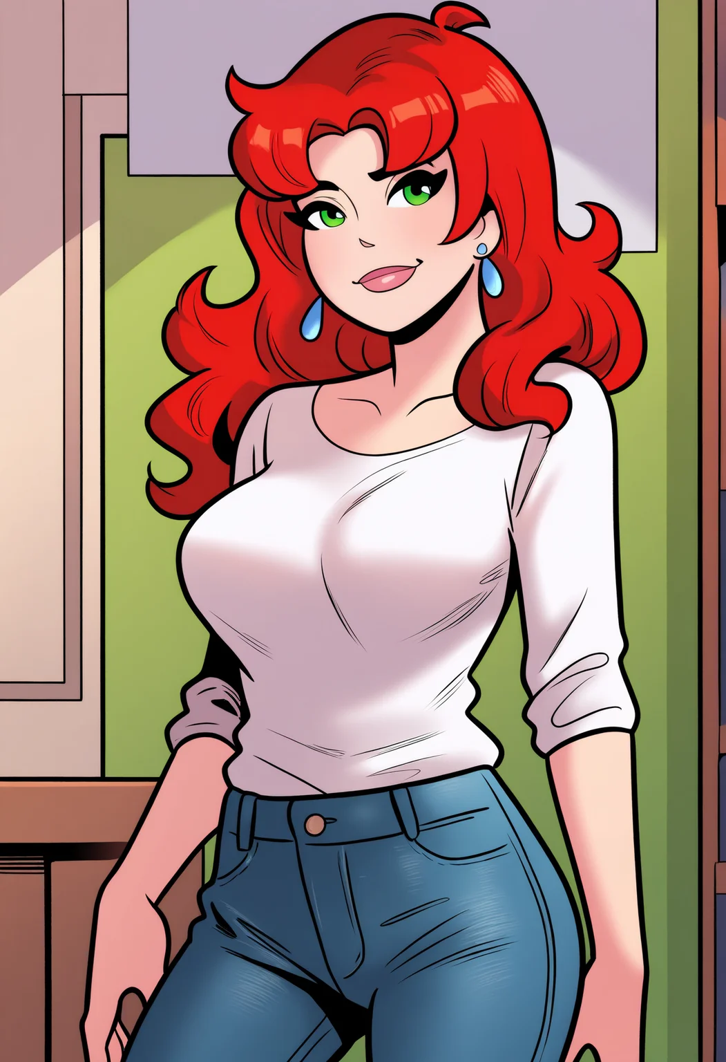 masterpiece, best quality, very aesthetic, absurdres,
1girl, cheryl, red hair, long hair, green eyes,
earrings,
white shirt, jeans,
standing, looking at viewer, solo, indoors, <lora:CherylBlossomNoobXL_byKonan:1>