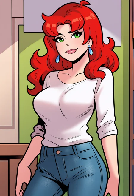 masterpiece, best quality, very aesthetic, absurdres,
1girl, cheryl, red hair, long hair, green eyes,
earrings,
white shirt, jeans,
standing, looking at viewer, solo, indoors, <lora:CherylBlossomNoobXL_byKonan:1>