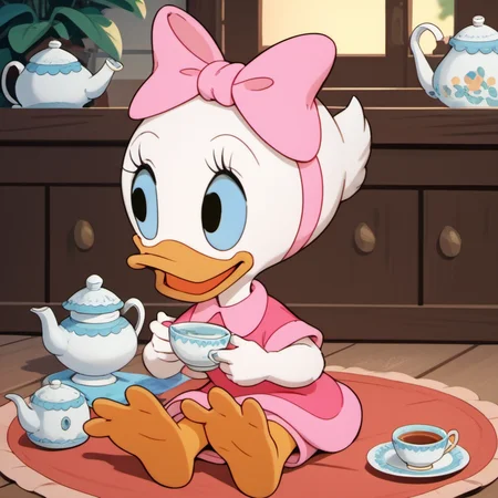 score_9, score_8_up, score_7_up, 1girl, solo, webby1, duck, beak, bow, sitting, tea party, teapot, laughing, cute, holding teacup, hair bow, bird, furry, pink bow, furry female, blue eyes, orange legs, webbed feet, hairband, indoors, <lora:webby1:1>,