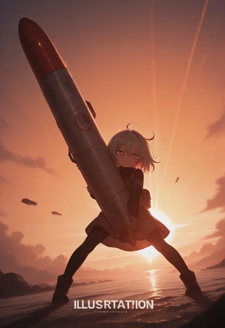 masterpiece, by piaki, color art,graphic design,illustration cover, cover, high contrast,absurd res,intricate details,best quality, very detailed,best quality,amazing quality,very aesthetic,absurdres,newest,1girl,solo, cute,tribbie
, cross-shaped_pupils ,null_artstyle,missile ,holding missile, holding, foreshortening, sunrise stance, holding,low view,