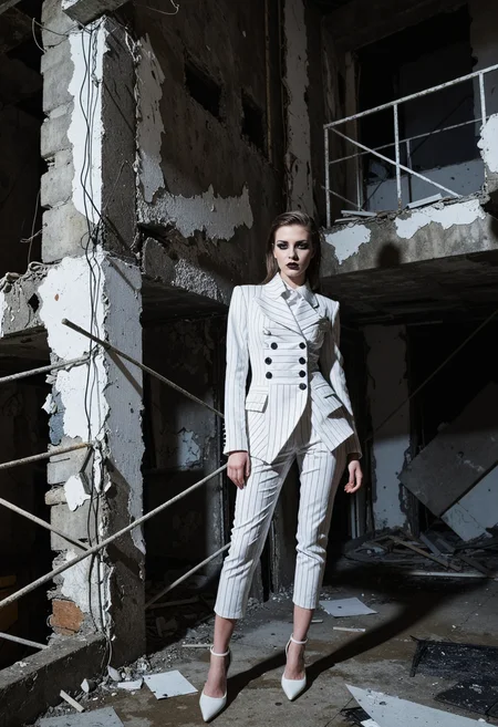 rp_slgd, editorial photo, high angle shot of 1girl topmodel aesthetically posing standing while wearing an asymmetrical avant-garde couture made of eccentric materials in white color and pinstripes, set in an abandoned brutalist building, artful architecture with angular shapes, nighttime, highly detailed <lora:dmd2_sdxl_4step_lora>
