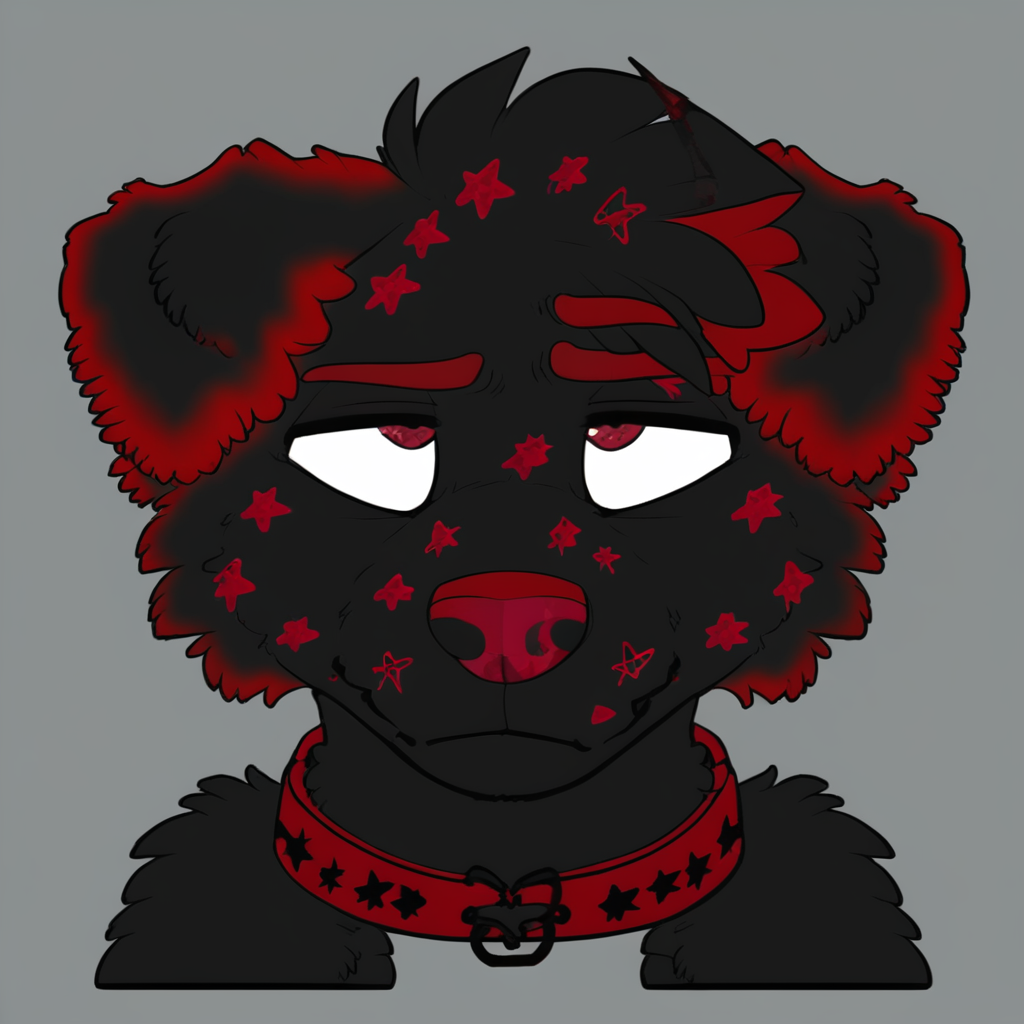 anthropomorphic dog, black Labrador, black fur, dark red markings, stars on face, red nose, red inner ears, red eyebrows, red underfur, expressive eyes, cute, wearing red collar with black stars, black hair, semi-realistic, medium detail, sad expression, playful expression, nerdy style, red star pattern on muzzle, male