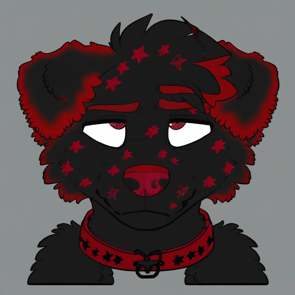 anthropomorphic dog, black Labrador, black fur, dark red markings, stars on face, red nose, red inner ears, red eyebrows, red underfur, expressive eyes, cute, wearing red collar with black stars, black hair, semi-realistic, medium detail, sad expression, playful expression, nerdy style, red star pattern on muzzle, male