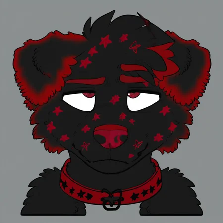 anthropomorphic dog, black Labrador, black fur, dark red markings, stars on face, red nose, red inner ears, red eyebrows, red underfur, expressive eyes, cute, wearing red collar with black stars, black hair, semi-realistic, medium detail, sad expression, playful expression, nerdy style, red star pattern on muzzle, male
