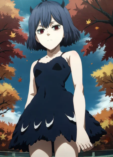 highres, sharp focus, pixiv masterpiece, highly detailed, 1girl, small_breasts, nero-dress, Secre_Swallowtail_XL, source_anime, score_8_up, score_7_up, score_9, <lora:Secre_Swallowtail_PonyXL_v19-000001:1> , eyelashes, looking at viewer, cowboy shot, autumn, low angle,