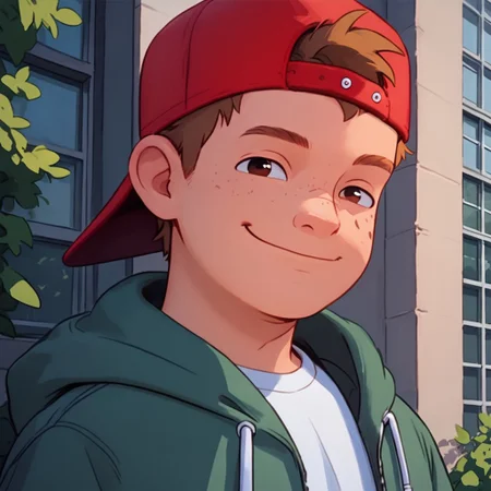 score_9, score_8_up, score_7_up, Expressiveh, young, looking at viewer, perfect face, colorful, dramatic angle, school yard, bluejeans, school building in background, , smile, red hat, backwards hat, shirt, jacket, brown hair, freckles, 1boy, solo
