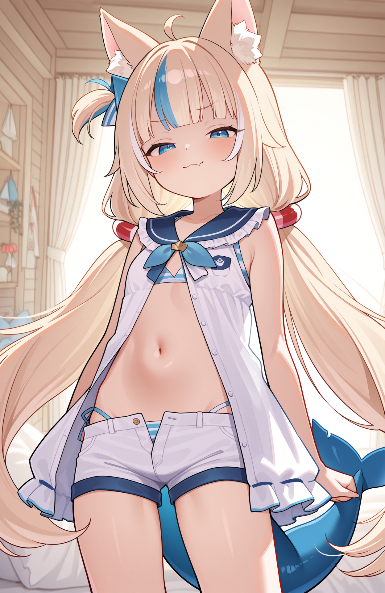 masterpiece, best quality, amazing quality, <lora:SamekoSaba_v13:1> sameko saba, blue streak, white streaks, animal ears, animal ear fluff, ahoge, hair ornament, one side up, very long hair, low twintails, fish tail, paper boat hair ornament,
white dress, frilled dress, sailor dress, sailor collar, blue sailor collar, bow, short shorts, sleeveless, white shorts, unbuttoned, open shirt, midriff, stomach, striped bikini, bikini under clothes, blue trim, smug, :3, skin fang,