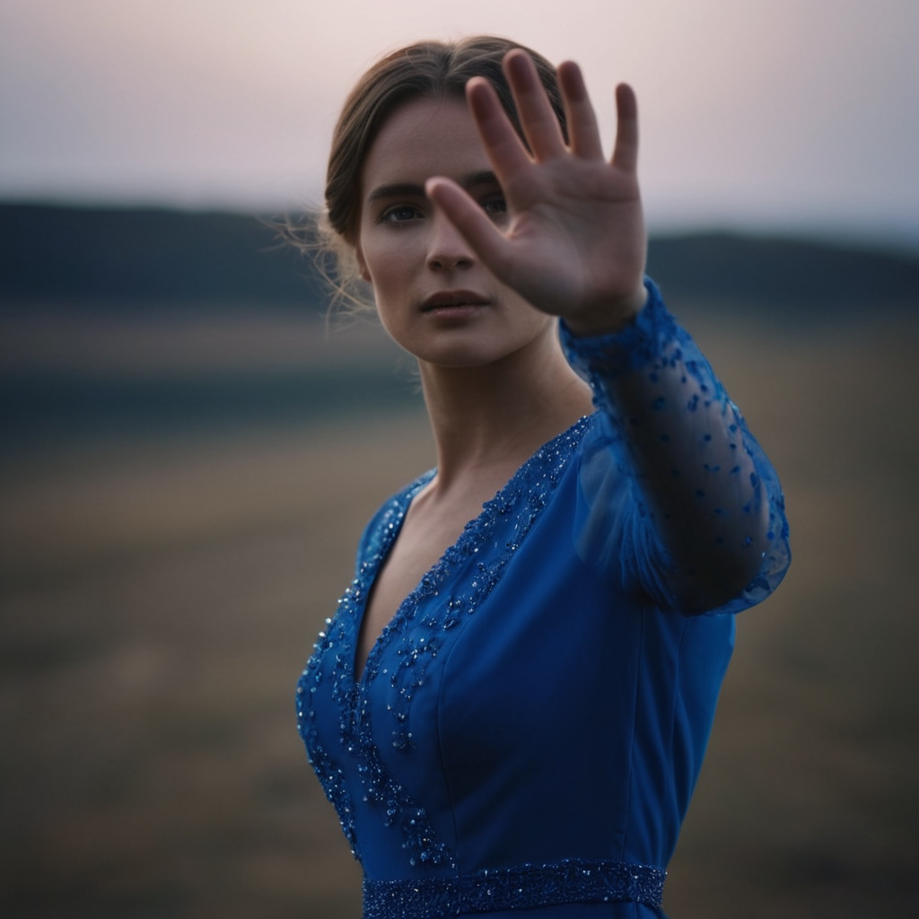 cinematic film still of  <lora:perfection style:0.1>
 <lora:detailed:0.3>
 <lora:Chiaroscuro Lighting Style:0.3>
 <lora:hand 4:0.3>
A perfect detailed photo of a woman in a blue dress is holding her hand up, shallow depth of field, vignette, highly detailed, high budget, bokeh, cinemascope, moody, epic, gorgeous, film grain, grainy