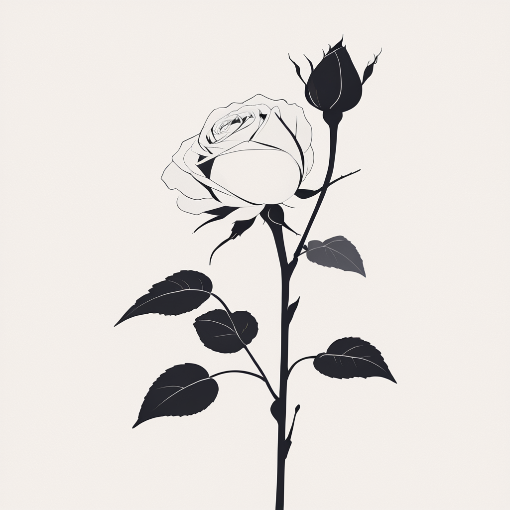 Minimalist Vector Art, ArsMJStyle, A black and white vector illustration of a single rose with a long stem, seen from the side. The petals are slightly open, and the background is pure white, drawing attention to the delicate lines of the flower. The mood is elegant and serene. rose, flower, silhouette, monochrome, greyscale, nature, simple background, white background, side view.  <lora:Minimalist_vector_artSDXL:1>