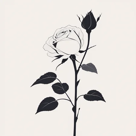 Minimalist Vector Art, ArsMJStyle, A black and white vector illustration of a single rose with a long stem, seen from the side. The petals are slightly open, and the background is pure white, drawing attention to the delicate lines of the flower. The mood is elegant and serene. rose, flower, silhouette, monochrome, greyscale, nature, simple background, white background, side view. <lora:Minimalist_vector_artSDXL:1>