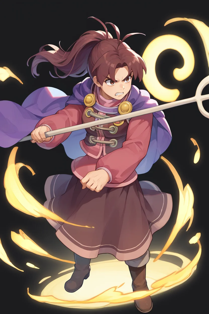 score_9, score_8_up, score_7_up, score_6_up, source_anime, BREAK 1girl, solo, <lora:gsjenna-pdxl-nvwls-v1-000005:1> gsJenna, brown hair, ponytail, antenna hair, purple cape, vest, pink shirt, long sleeves, brown skirt, boots <lora:feh-style-richy-v1_pdxl:1> fehatk, full body, standing, black background, simple background, holding staff, glow, serious, clenched teeth