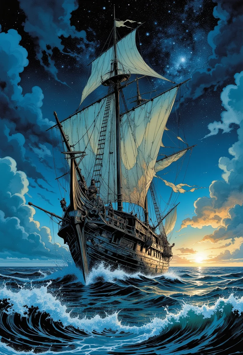 (comic book style) , a weathered Viking longboat sailing on an endless sea at night, illuminated by the Milky Way, surrounded by storm clouds, waves crashing over the bow, intricate details on sails and ship hull, photorealistic, epic scale.