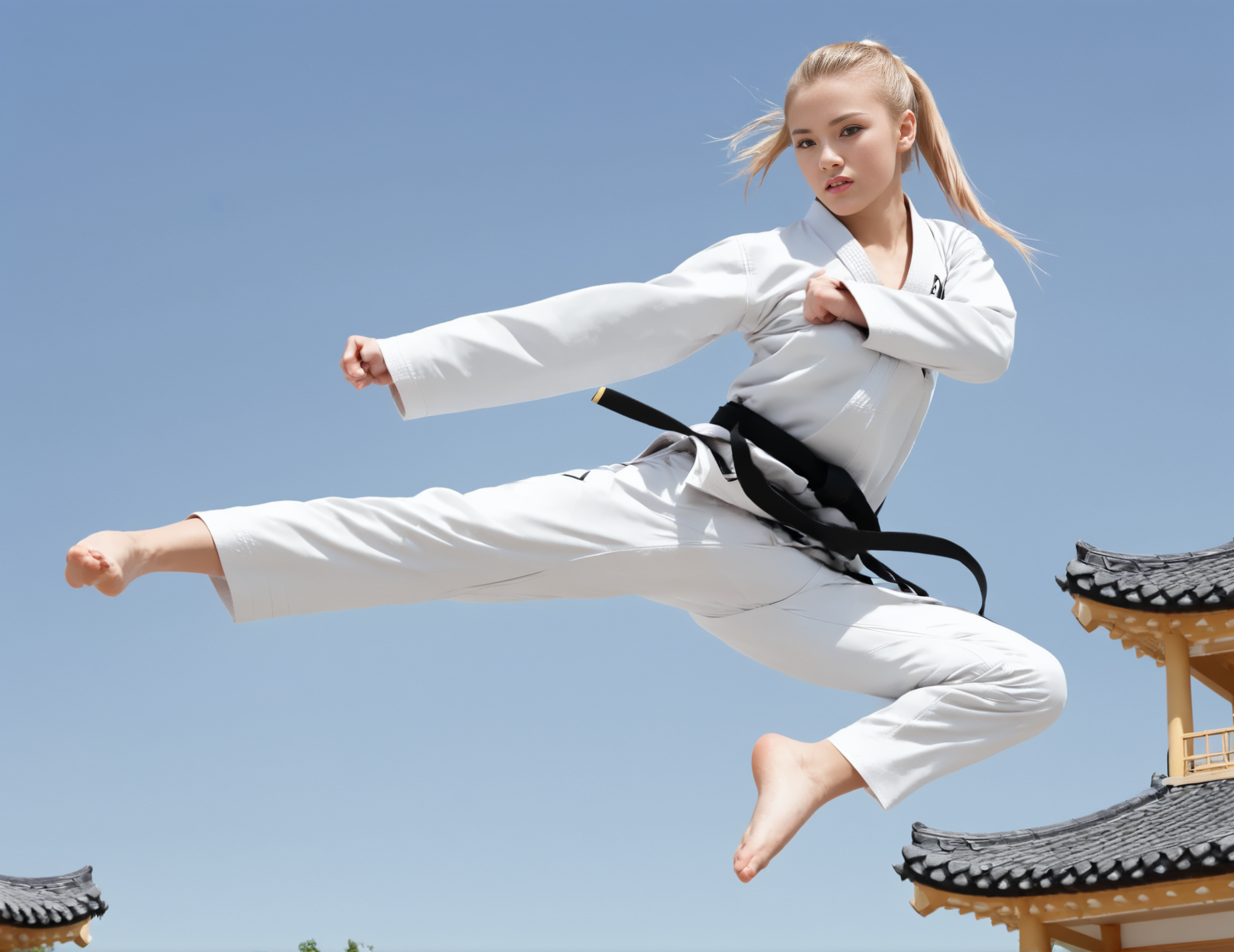 jusiki, side view, (slim 25yo woman) doing a jump sidekick in front of a pagoda. the girl wears white karate uniform, black belt and has long blonde ponytail <lora:JumpedSideKick-000007:1>