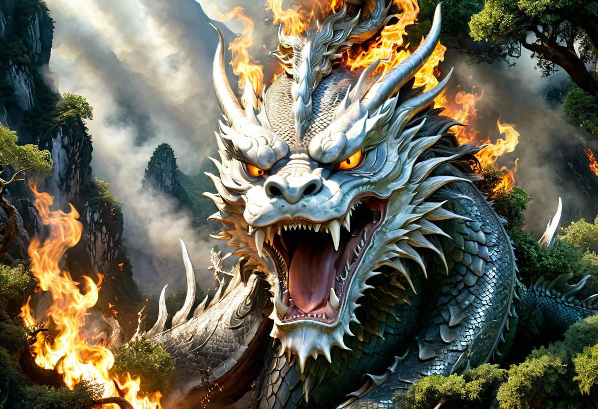 a hiding and grumpy acient chinese dagon concealed by trees, shrubs is peeking out and blowing fire at the viewer, fire underneath dragons scales, the fire burns very intensly lighting up the trees as the dragon breathes fire from its mouth, high up in the Tibetan mountains, silver scales highly detailed, and large white pointy teeth, (large silver and gold wing span), and body wraps around all the trees, (in the background in the mountains is a Tibetan monasteries with monks in in orange gowns, uhd, 8k, intense lighting, award winning masterpiece, extremely detailed, detailed background, cinematic, complex and multidimensional lighting,