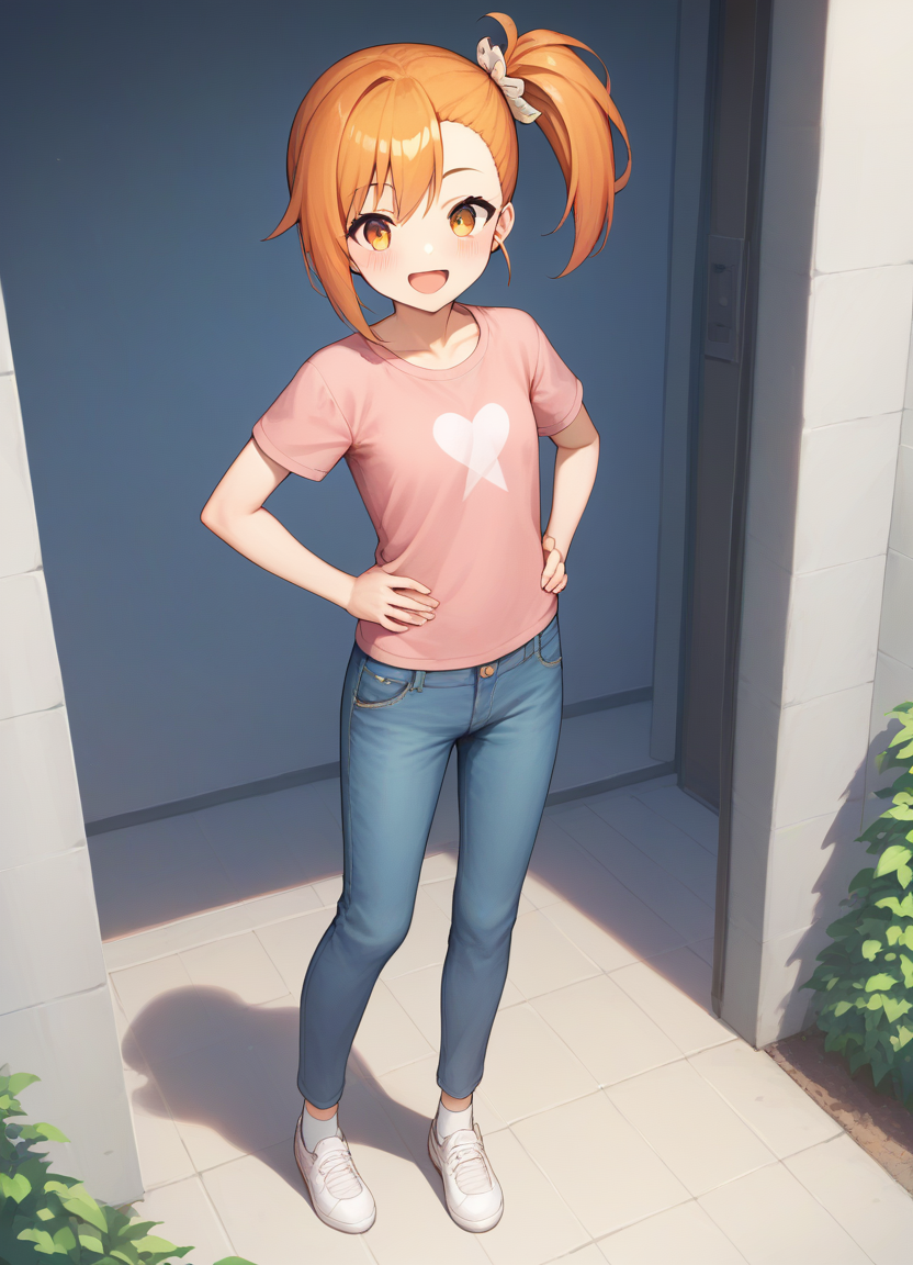 source_anime, score_9, score_8_up, score_7_up, score_6_up, score_5_up, score_4_up,
1girl, solo, looking at viewer, blush, smile, open mouth, orange hair, bow, orange eyes, standing, full body, side ponytail, hands on hip, pink t-shirt, blue jeans, socks
<lora:misogiXL:1>