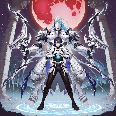 2boys, gay, yaoi, human x robot, interspecies, size difference, contrasting builds, full body, perfect anatomy, easynegative, clear eyes, BREAK 

[1boy, m1namoto_n0_tametom0, robot, helmet, long blue hair, ponytail, white armor, halfskirt, bow_(weapon)], BREAK

[1boy, Ritsuka_Fujimaru, (Human), twink, pale skin, short hair, black hair, turquoise eyes, (glasses), dagger, spellbook, white and black hooded robe, black boots], BREAK

Barren plains, night, blood moon, smile, combat pose, look at each other, magic circle, glow, BREAK

masterpiece, perfect quality, best quality, perfect anatomy, absolutely eye-catching, homoerotic, BREAK

((4k,8k,Ultra HD)),((Masterpiece :1.2)),((Best quality :1.2)),((Detailed :1.5)),((Detailed background :1.5))