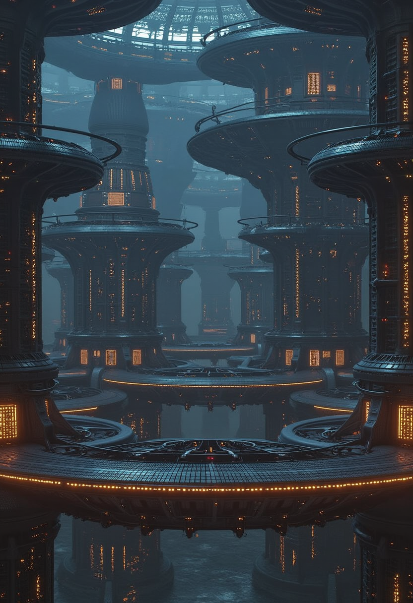 yfg-l3ms, YFG-L3ms interconnected factories orbiting in tandem, their lattice-like corridors illuminated by neon guidance strips
