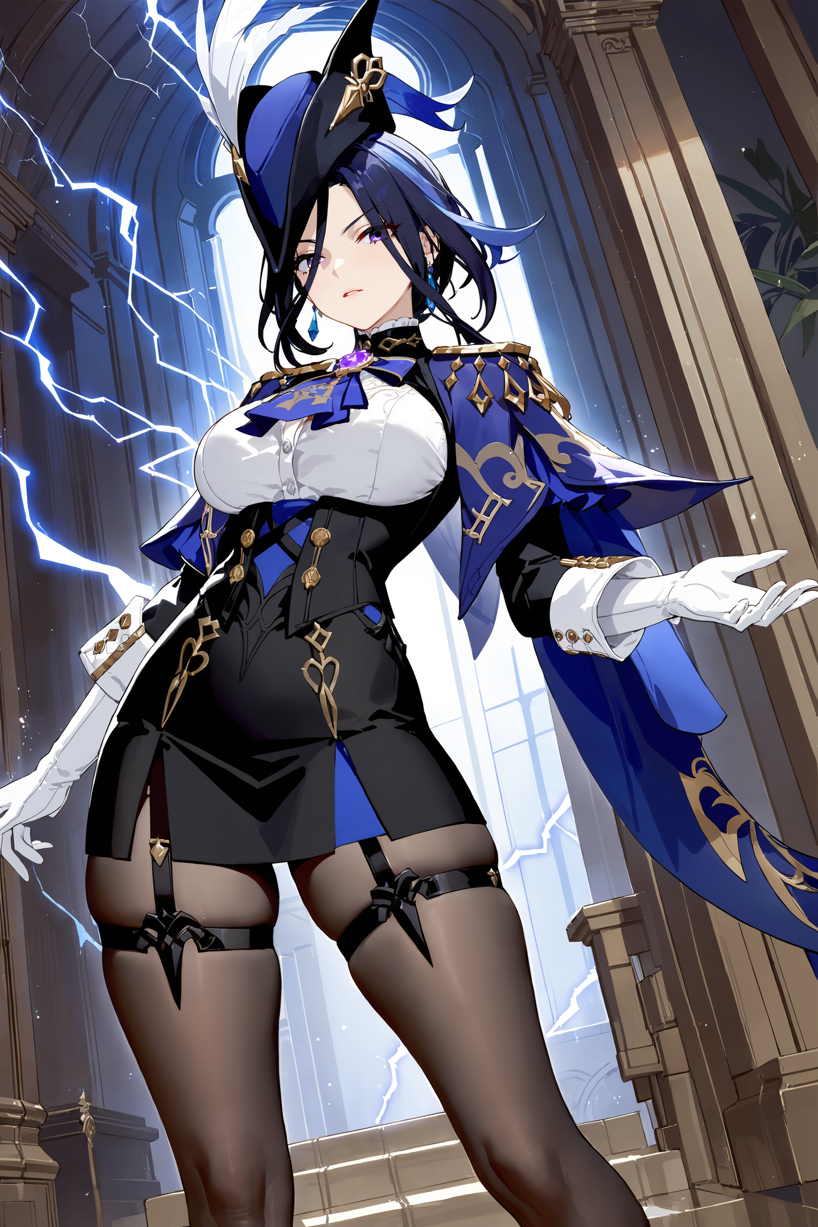 masterpiece, best quality, perfect features, intricate details, ray tracing, newest,(hitenkei, askzy:0.4), 1girl, clorinde \(genshin impact\), tricorne, black pantyhose, earrings, blue cape, white gloves, pencil skirt, white shirt, thigh strap, underbust, ascot, fold-over boots, black jacket, full body, lightning, electricity, aura, looking at viewer, floating hair, glaring, hand on hilt, sword <lora:quality1:0:hr=1>,  <lora:Char-Genshin-Clorinde-XL-V1:0.9>