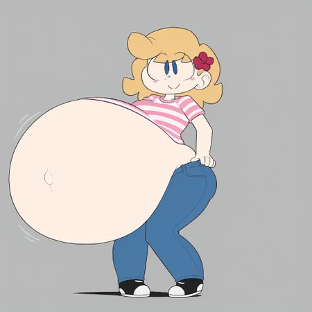 HappyLikeAWall, 1girl, black eyes, single hairflower, closed mouth, blue eyes, blonde hair, pink striped shirt, jeans, gigantic belly,