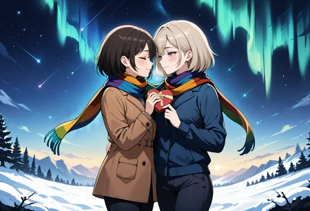 masterpiece, very aesthetic, absurdres, newest, 2girls, whole body, yuri, looking at each other, winter, outside, rainbow scarf, shared scarf, blush, short hair, light hair, dark hair, gray eyes, eyes closed, pants, smile, half-closed eyes, height difference,night sky, shooting stars, perfect hands, light skin, dark skin, holding box, heart-shaped box, aurora borealis <lora:add-detail-xl:1>