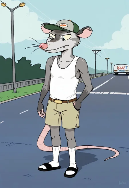 Score_9, score_9_up, solo, 1boy, furry, animal, oppossum, pink nose, blue eyes, grey fur, rat tail, opossum tail, animal ears, tank top, cap, green cap, shorts, socks, flip flops, sandals, wiskers, standing, highway background