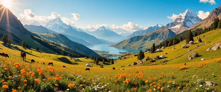 Panoramic view of Kyrgyzstan's majestic Tian Shan mountains at golden hour, snow-capped peaks rising dramatically against a clear azure sky. Alpine meadows carpeted with vibrant wildflowers stretch across rolling foothills, dotted with traditional yurts and grazing horses. Crystal-clear mountain lakes reflect the surrounding peaks like perfect mirrors. Ancient walnut forests line the lower slopes, home to rare snow leopards and golden eagles. Scattered clouds cast dramatic shadows across the rugged landscape. A winding dirt path leads to a distant mountain pass where nomadic herders in traditional clothing tend their flocks. The rich colors transition from lush green valleys to purple-hued distant mountains, capturing the untamed beauty of Central Asia's wilderness. Photorealistic, 8K ultra-detailed landscape photography, golden natural lighting, expansive depth of field, hyperrealistic textures. <lora:Illustration concept V1:0.6> <lora:dreadmirth-art-style:0.5> <lora:FluxMythR3alisticF:0.1> <lora:Dark_Gothic_Comic_style_v.2:0.5> <lora:ç»ªå¿ CG飿»¤éFLUX:0.4> <lora:flux_dev:1>